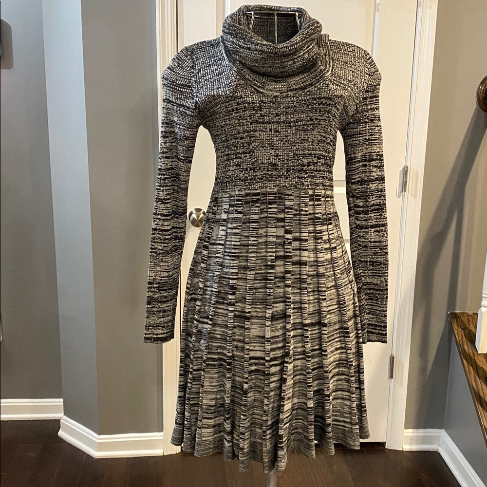 Calvin Klein Black and Gray Marled Cowl-Neck Long Sleeve Dress